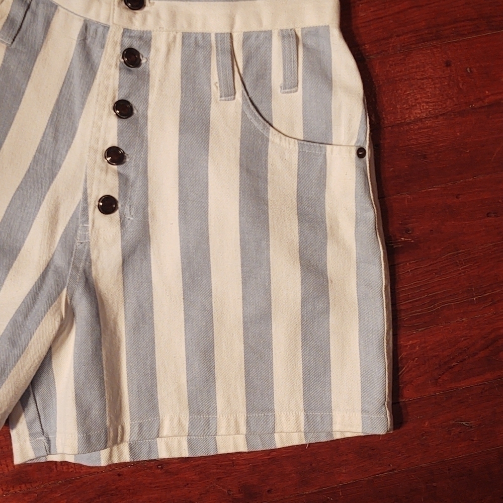 Sienna Blue/White Vertical Stripes Button Fly High Rise Denim Shorts Sz 11/12 - Picture 4 of 7